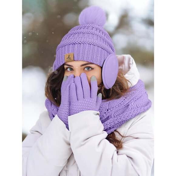Women  Violet Knit Beanie Hat, Gloves, Scarf & Ear Warmer Set - Winter - Picture 6 of 6